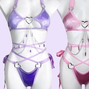 Honeiibeth lavender Purple strappy tie rave festival Lingerie Set handmade